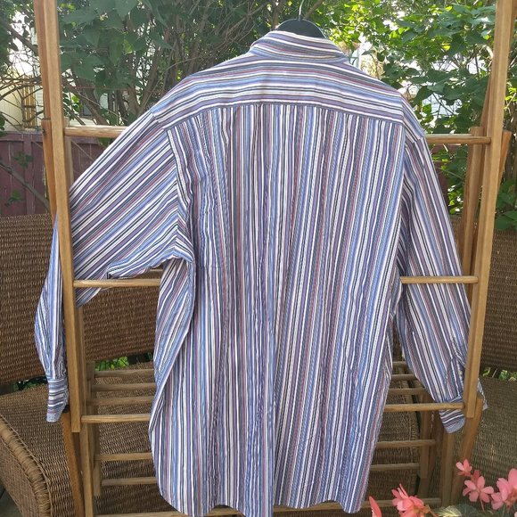 Thomas Dean blue red white stripe patterned dress shirt - Picture 4 of 9